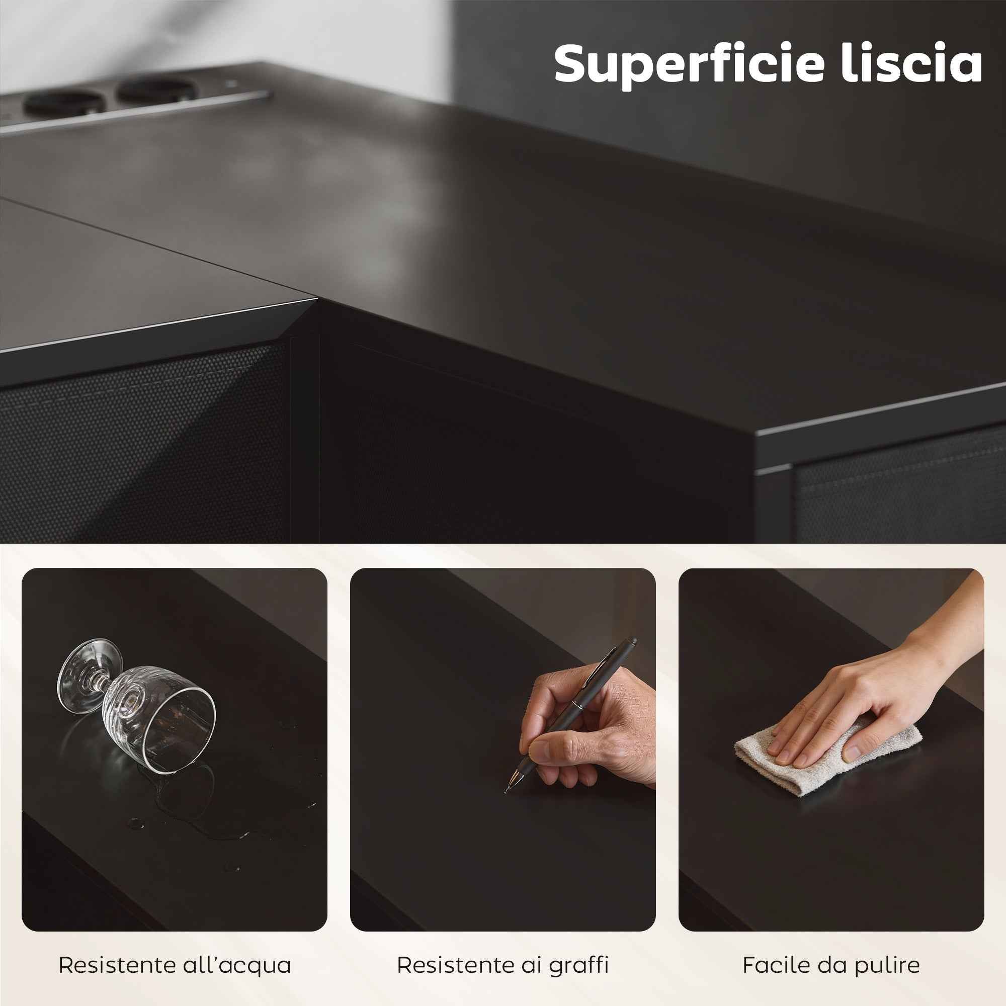 Corner Desk with 6 Drawers, Side Hook and Integrated Sockets, Wood and Steel, 126x48x80 cm, Black