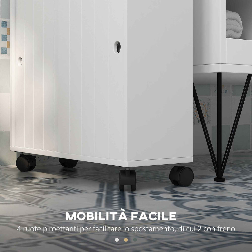 kleankin Narrow Bathroom Cabinet with Wheels, Sliding Doors, Adjustable Shelves and 2 Toilet Paper Holders, White