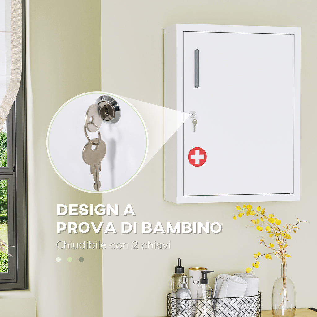 Wall Mounted Medicine Cabinet with 2 Shelves and 2 Keys, Steel, 40x15x53.5 cm, White