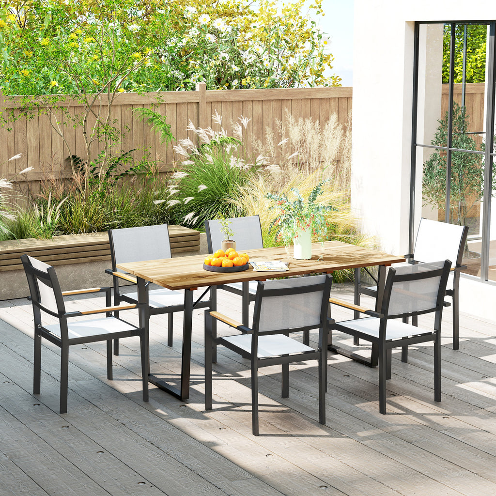 6 Seater Rectangular Garden Table with Umbrella Hole, Wood and Steel, 175x80x75 cm, Brown
