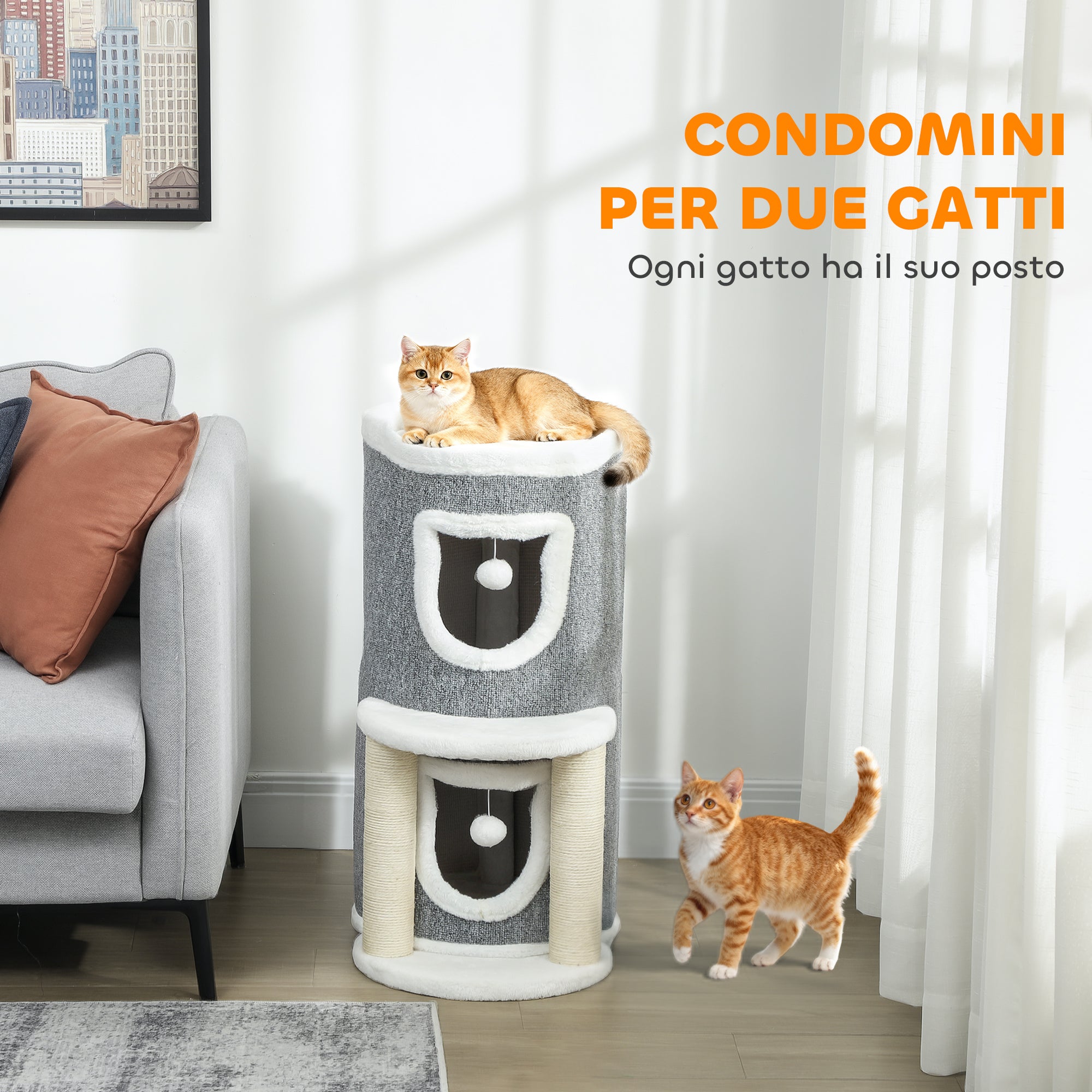 Cat Scratching Tree, 76 cm Tall, with Houses, Bed, Balls and Sisal Posts, Grey