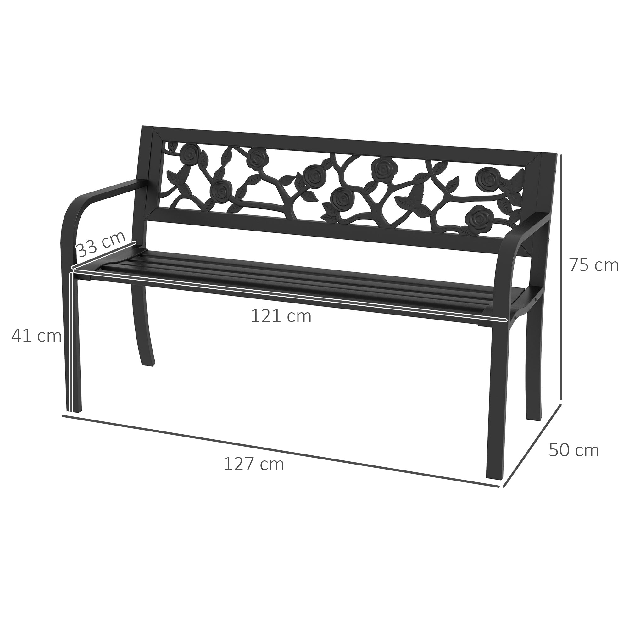 Outsunny Garden bench 2 seats in steel with decorated back and armrests, 127x50x75cm, black - Borgè