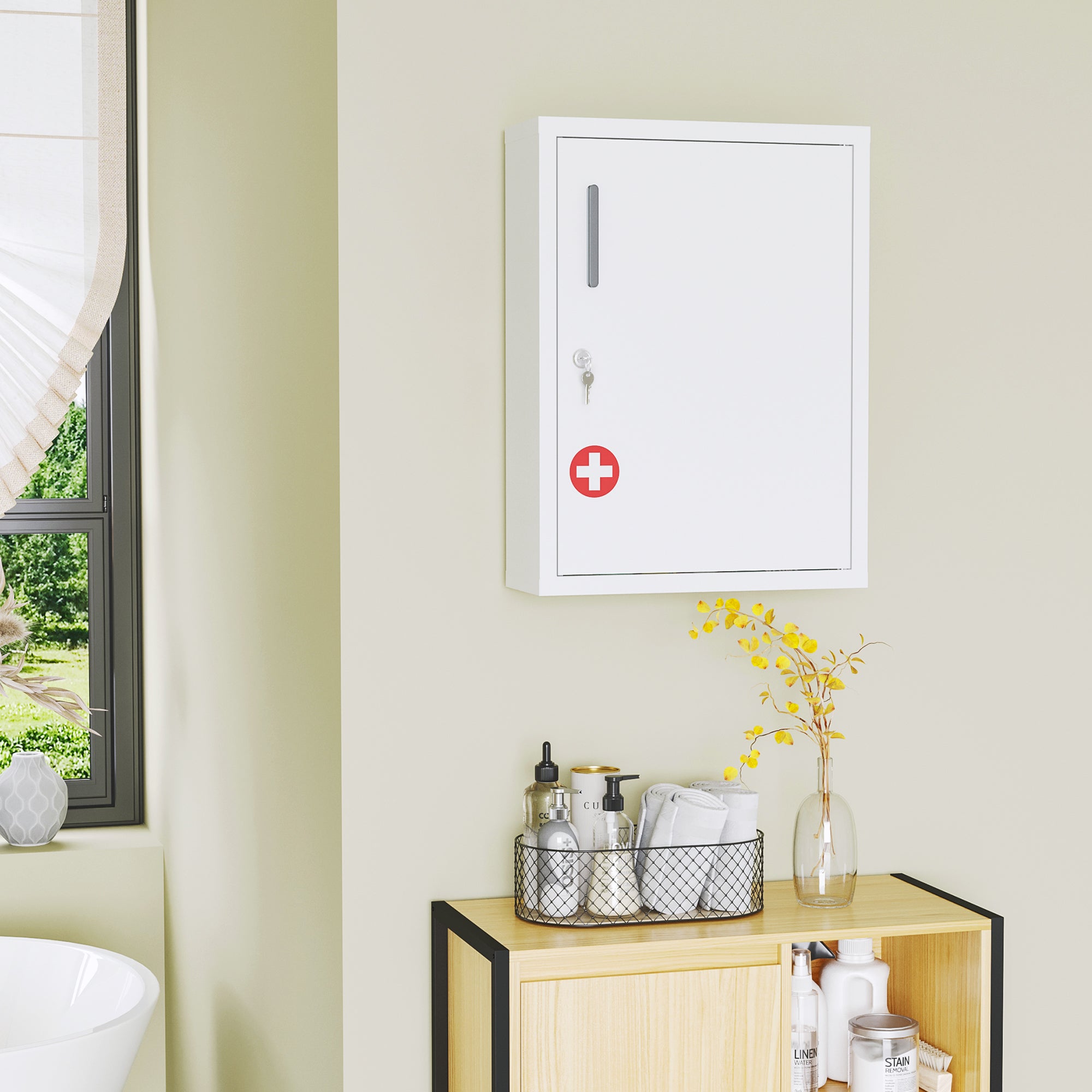 Wall Mounted Medicine Cabinet with 2 Shelves and 2 Keys, Steel, 40x15x53.5 cm, White
