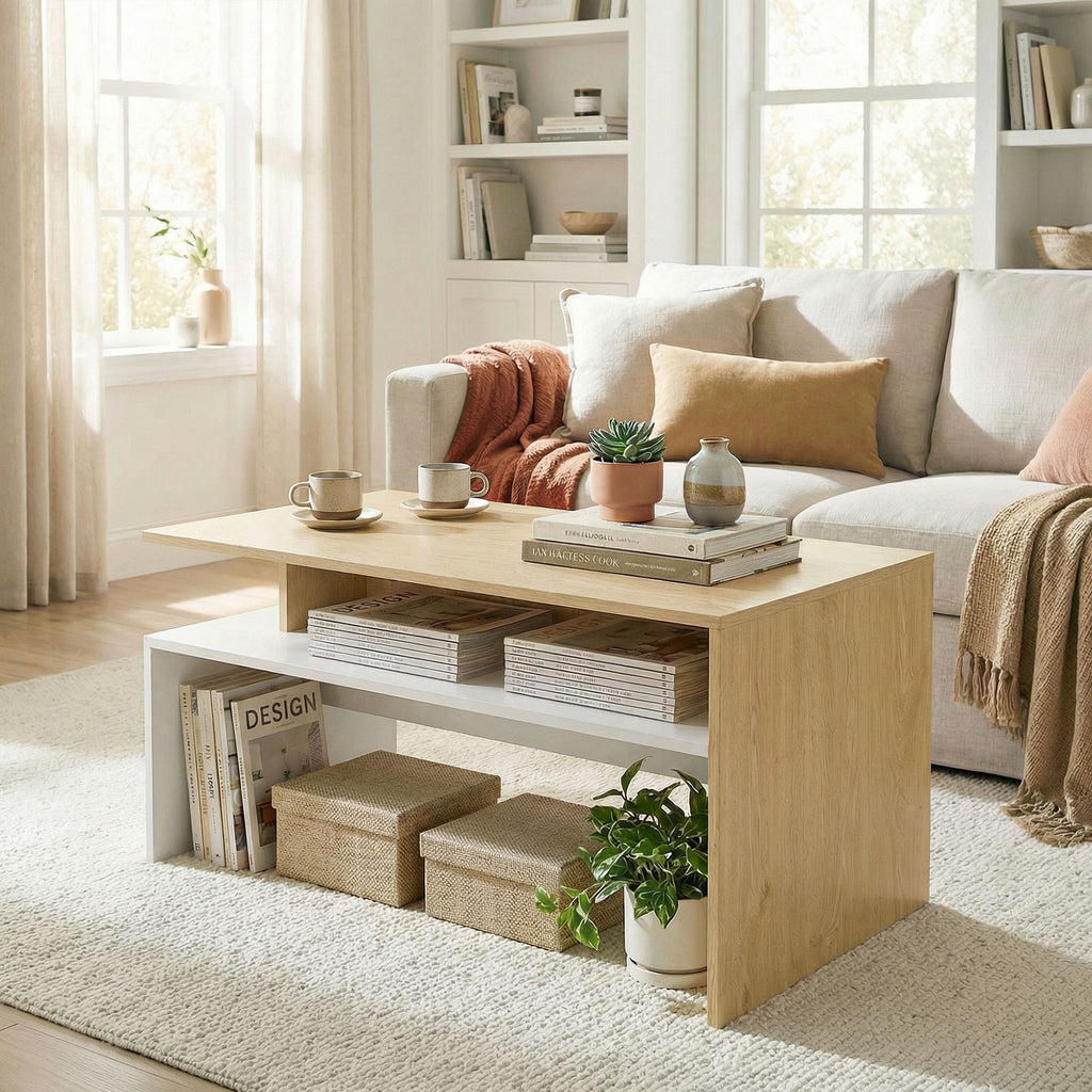 HOMCOM Two-Tone Coffee Table with Asymmetrical Shelf, 95x55x50 cm, Natural Wood and White