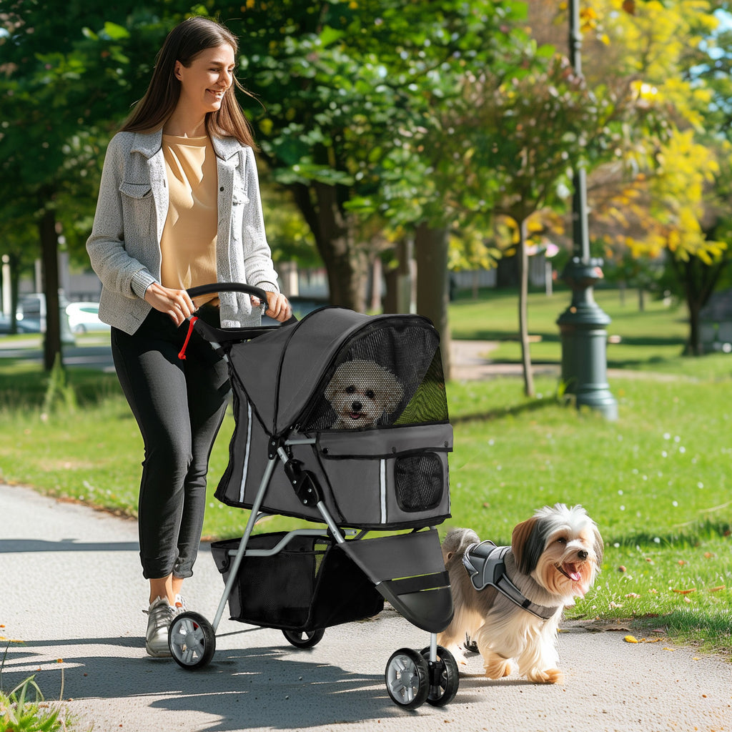 Folding Dog Stroller with Cup Holder and Basket, Steel and Polyester, 75x45x97 cm, Charcoal Grey