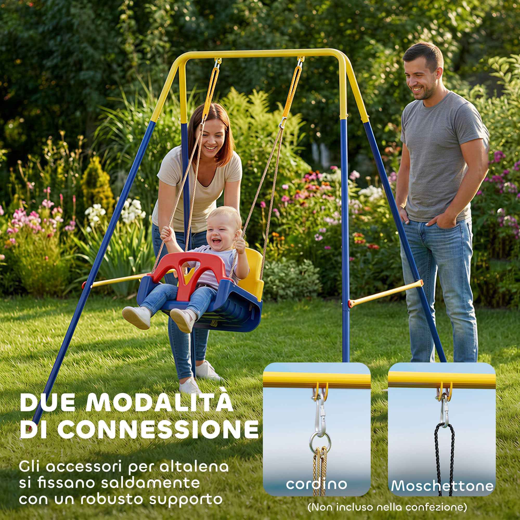 AIYAPLAY Garden Swing Frame with 2 Hooks, Steel, 128x155x157 cm, Yellow and Blue