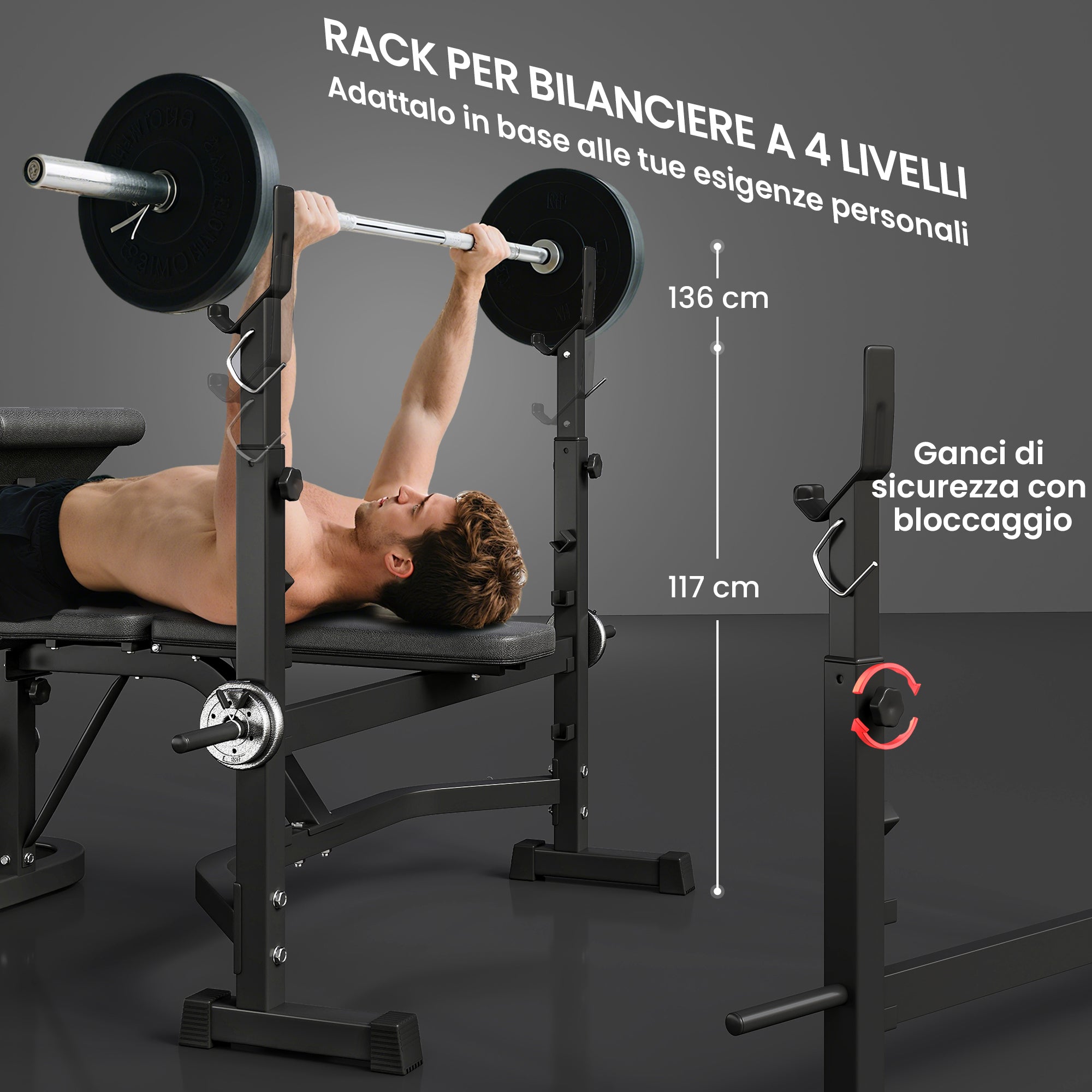 HOMCOM Adjustable Multifunctional Weight Bench with Barbell Rack, Steel and PU, 73.5x55x46-53.5 cm, Grey and Black