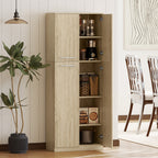 Minimal Storage Unit with 2 Cabinets and Adjustable Shelves, Oak-Colored Wood, 59x31x155 cm