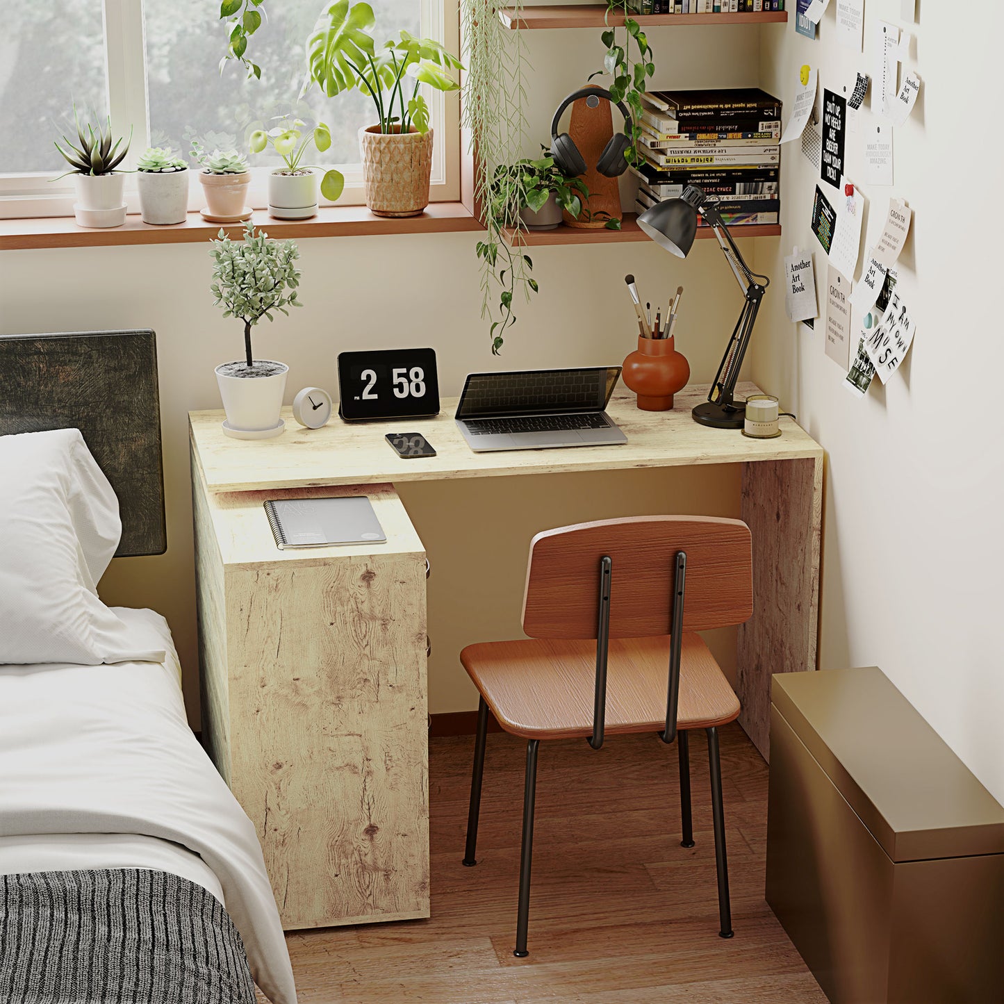 Corner PC Desk with 3 Drawers and Open Shelves, Wood and Metal, 117x83. 5x76 cm, Walnut