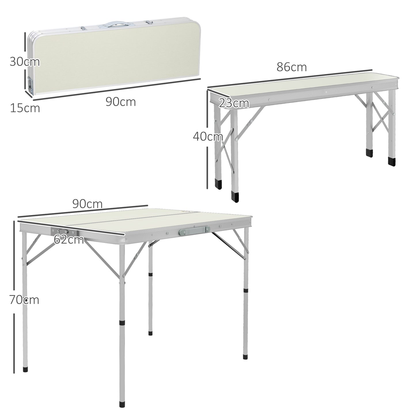 Outsunny Folding Picnic Table 90x62x70 cm with 2 Outdoor Benches 86x23x40 cm, in MDF and Aluminium, Silver - Borgè