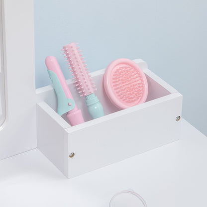 Children's Dressing Table Set with Makeup Table and Stool, Mirror and 2 Drawers, White and Wood Color