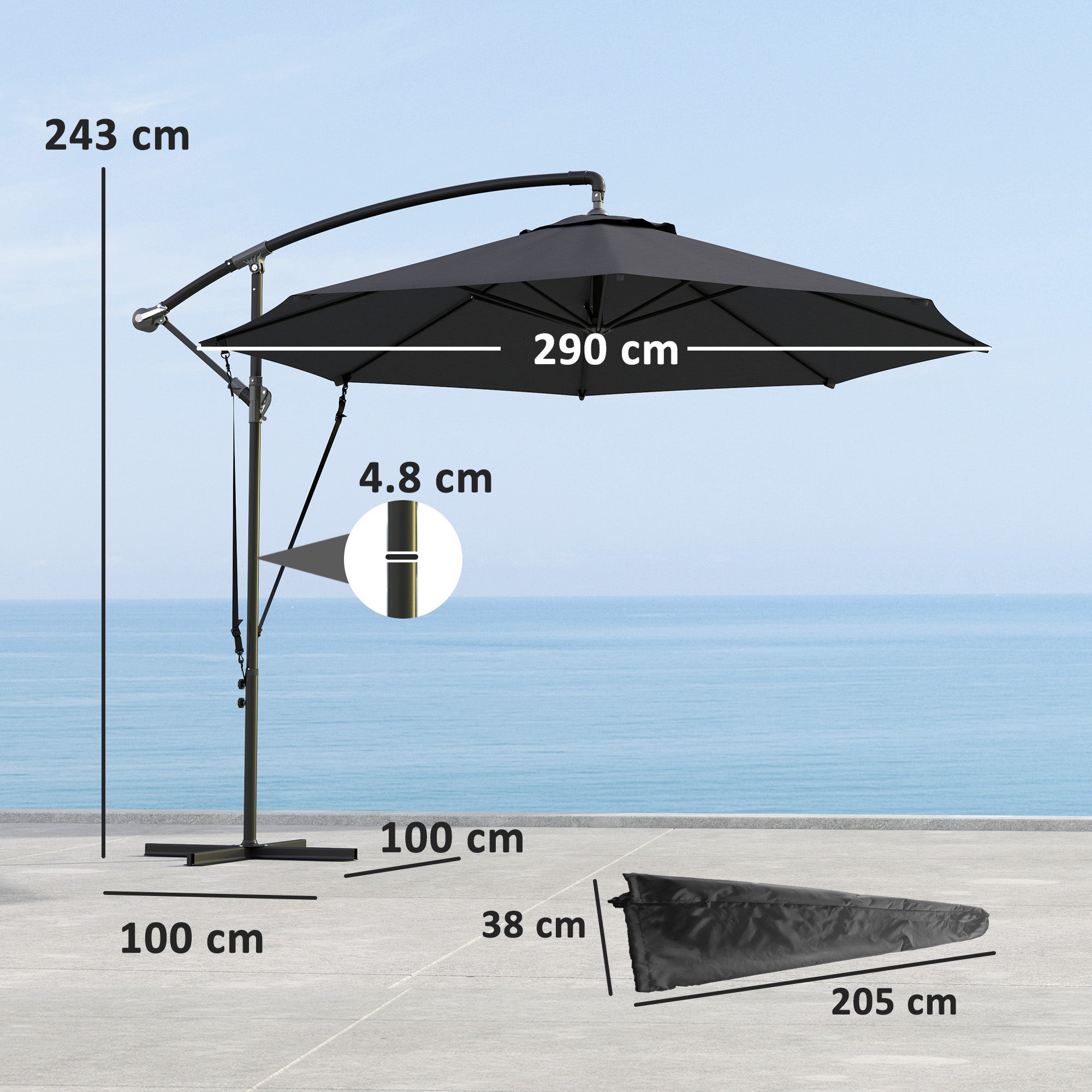 Round Tiltable and Swivel Garden Umbrella, Crank and UPF 50+ Protection, Ø3 m, Dark Gray