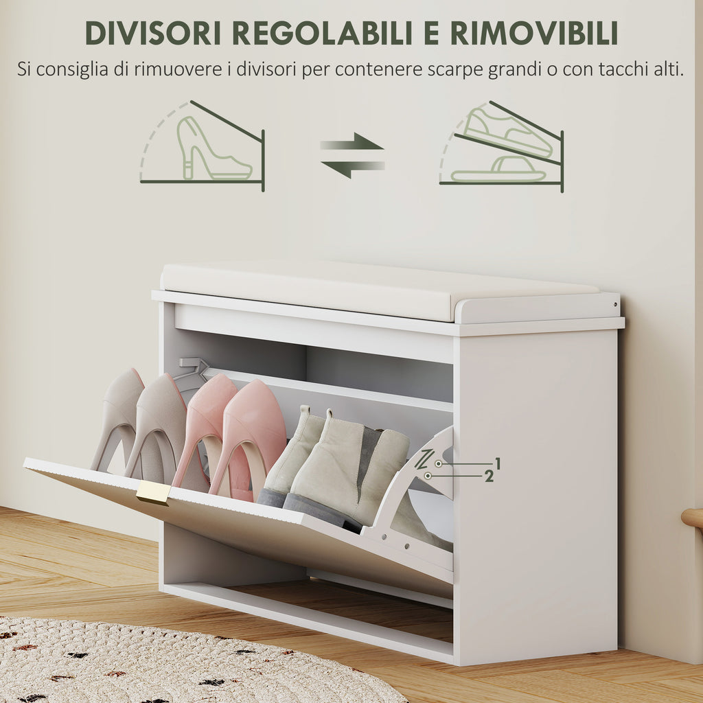 Shoe Bench with Internal Shelf, in Wood and Linen Effect Fabric, 80x26x47.5 cm, White and Beige