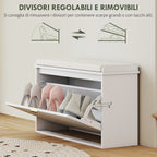 Shoe Bench with Internal Shelf, in Wood and Linen Effect Fabric, 80x26x47.5 cm, White and Beige