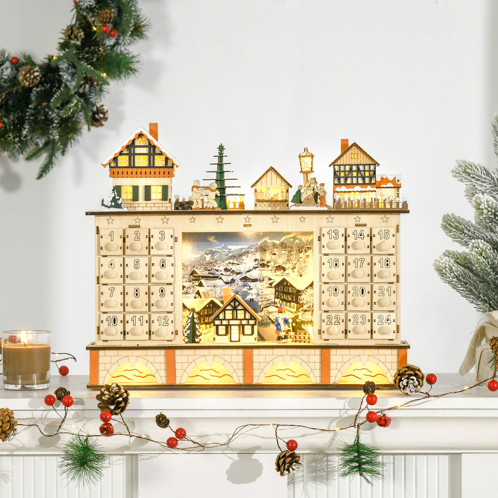 Wooden Advent Calendar with 24 Drawers to Fill, Christmas Village Decoration and Lights, 44x10x37cm
