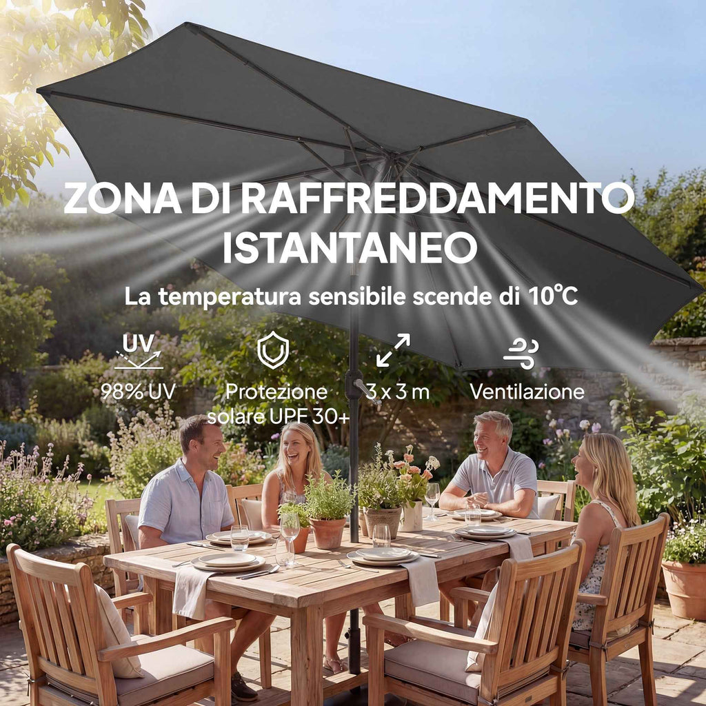 Outsunny 3x3m Tilting Round Umbrella with Crank Handle, Metal and Polyester, Dark Grey