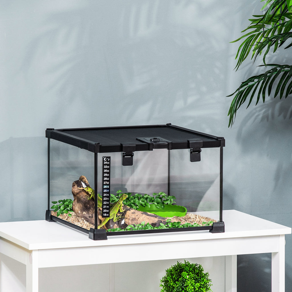 Raised Terrarium for Reptiles with Lock and Thermometer, in Glass and Metal Mesh, 30x30x20 cm, Black
