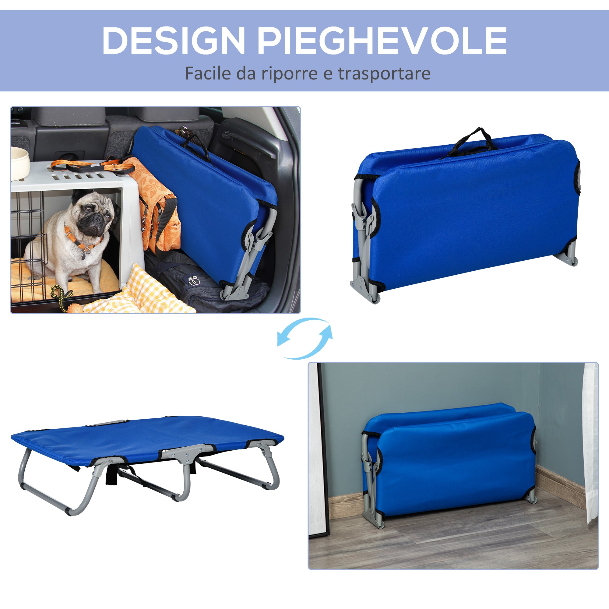 Folding Dog Bed for Small Dogs, Indoor and Outdoor, Raised Dog Bed, Made of Steel and Oxford Fabric, 71x58x20 cm, Blue