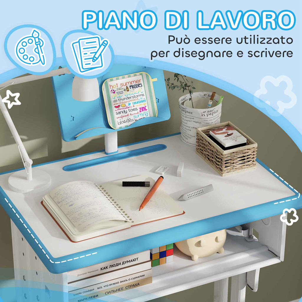 School Desk for Children 6-12 Years with Adjustable Height with Lectern and Shelf, in Steel and MDF, Blue