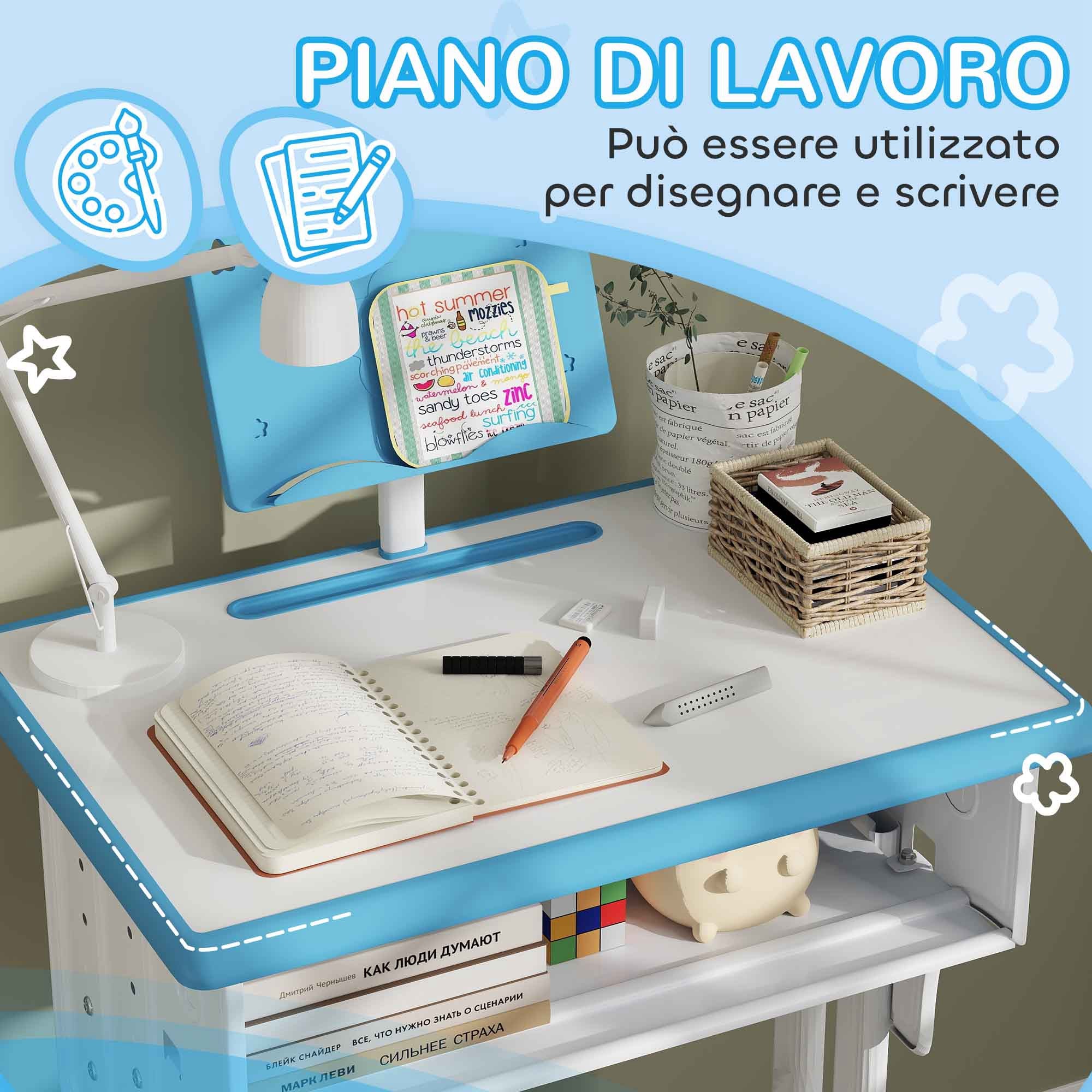 School Desk for Children 6-12 Years with Adjustable Height with Lectern and Shelf, in Steel and MDF, Blue