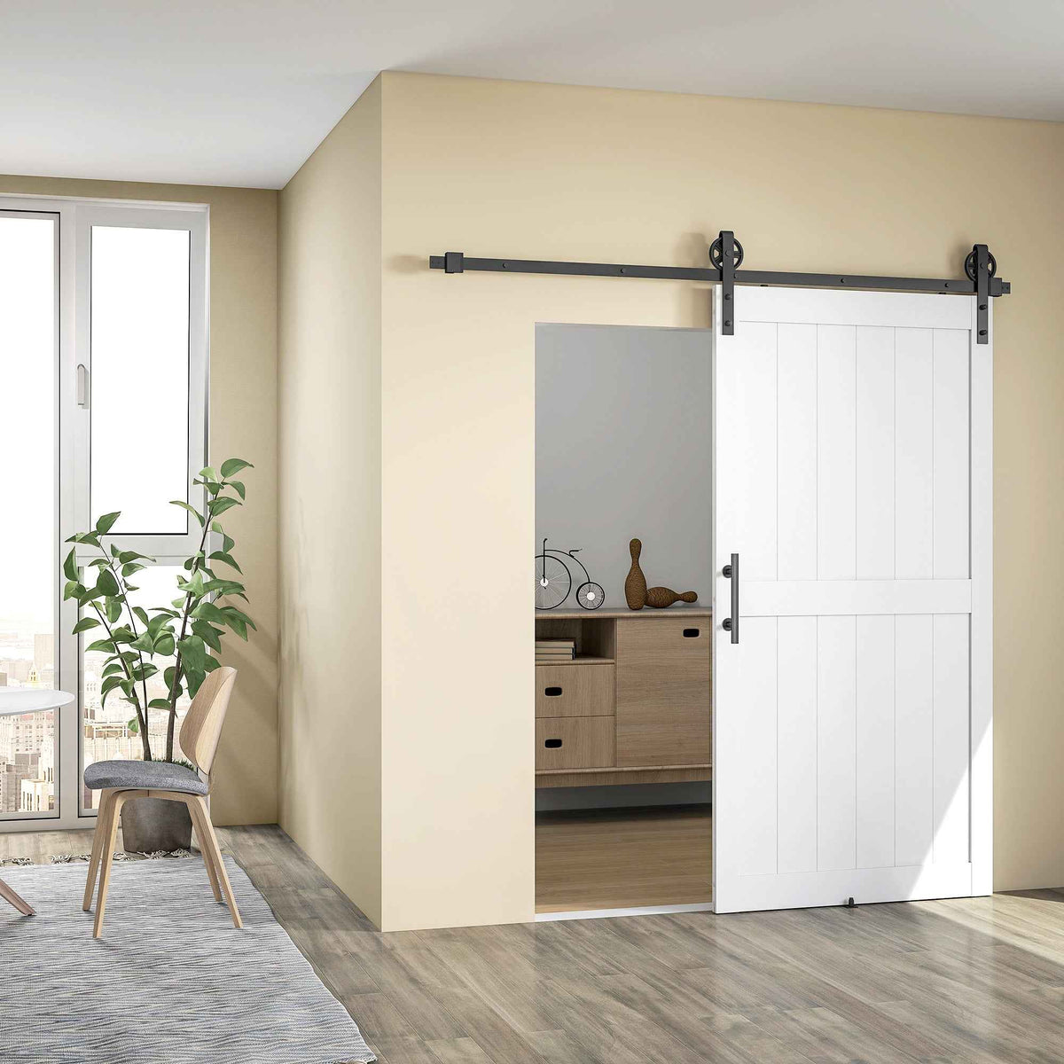 HOMCOM Country Style Sliding Door with Track and Handle in Wood and Steel, 106.6x213.4 cm, Black and White