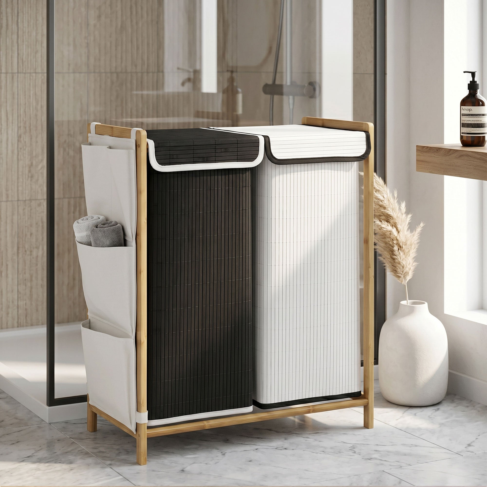 HOMCOM 120L 2-Compartment Laundry Hamper with Lids, Side Pockets, Removable Bags for Bedroom