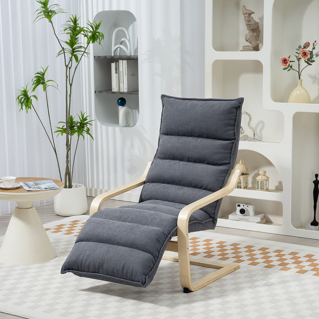 Wooden Relax Chair with Velvet Upholstery and Adjustable Footrest, Dark Grey