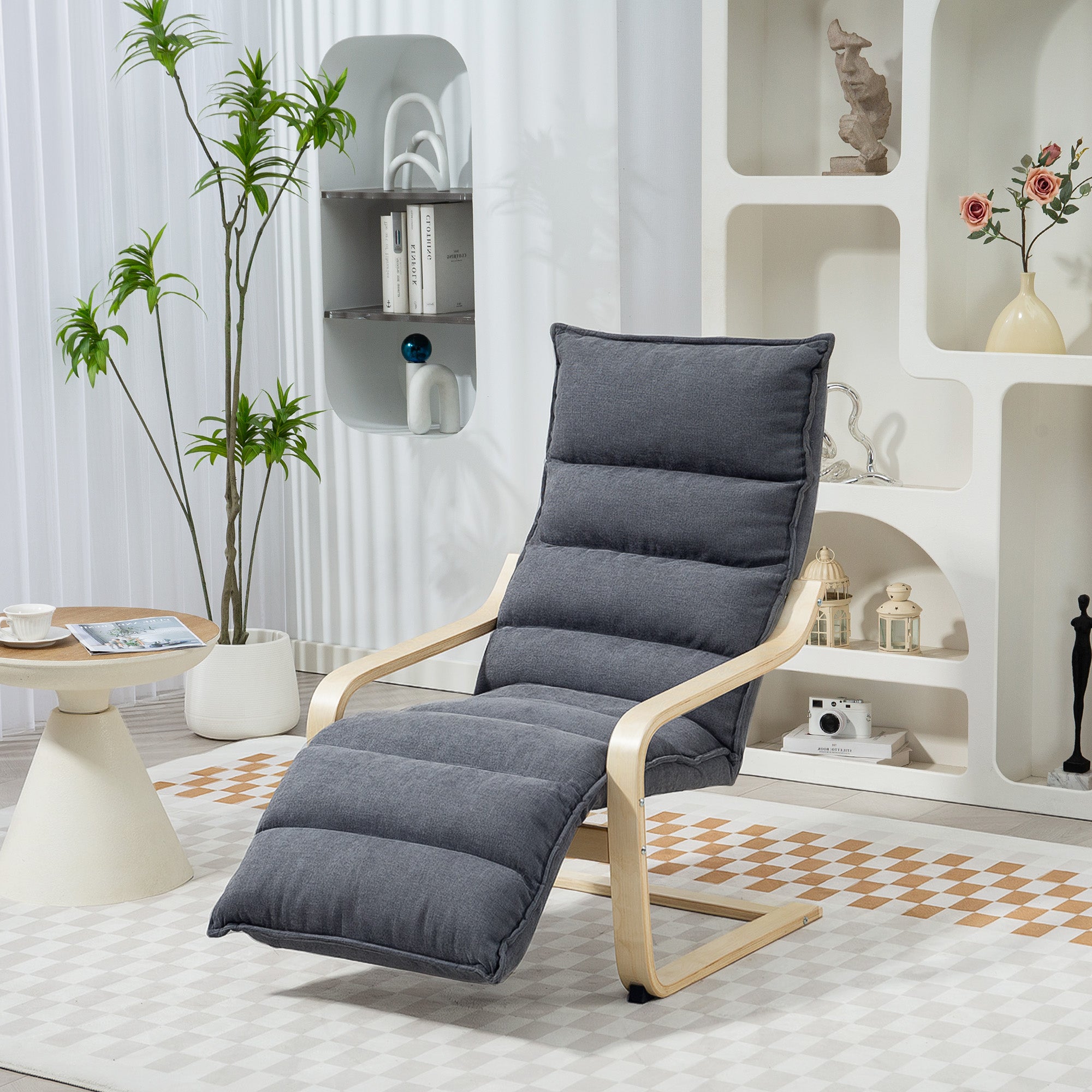 Wooden Relax Chair with Velvet Upholstery and Adjustable Footrest, Dark Grey