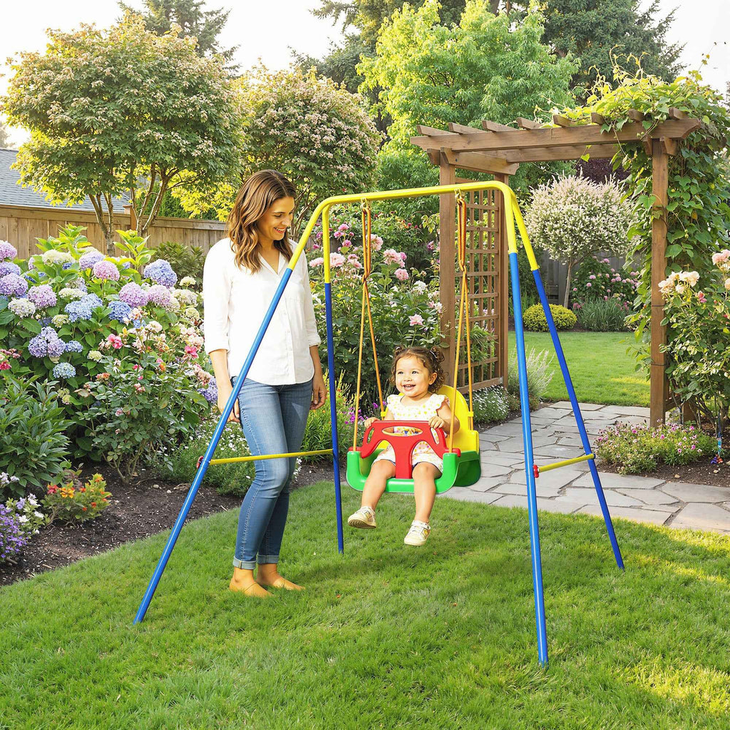Adjustable Children's Garden Swing with Backrest and Barrier, Made of Steel and PP, 128x155x157 cm, Green