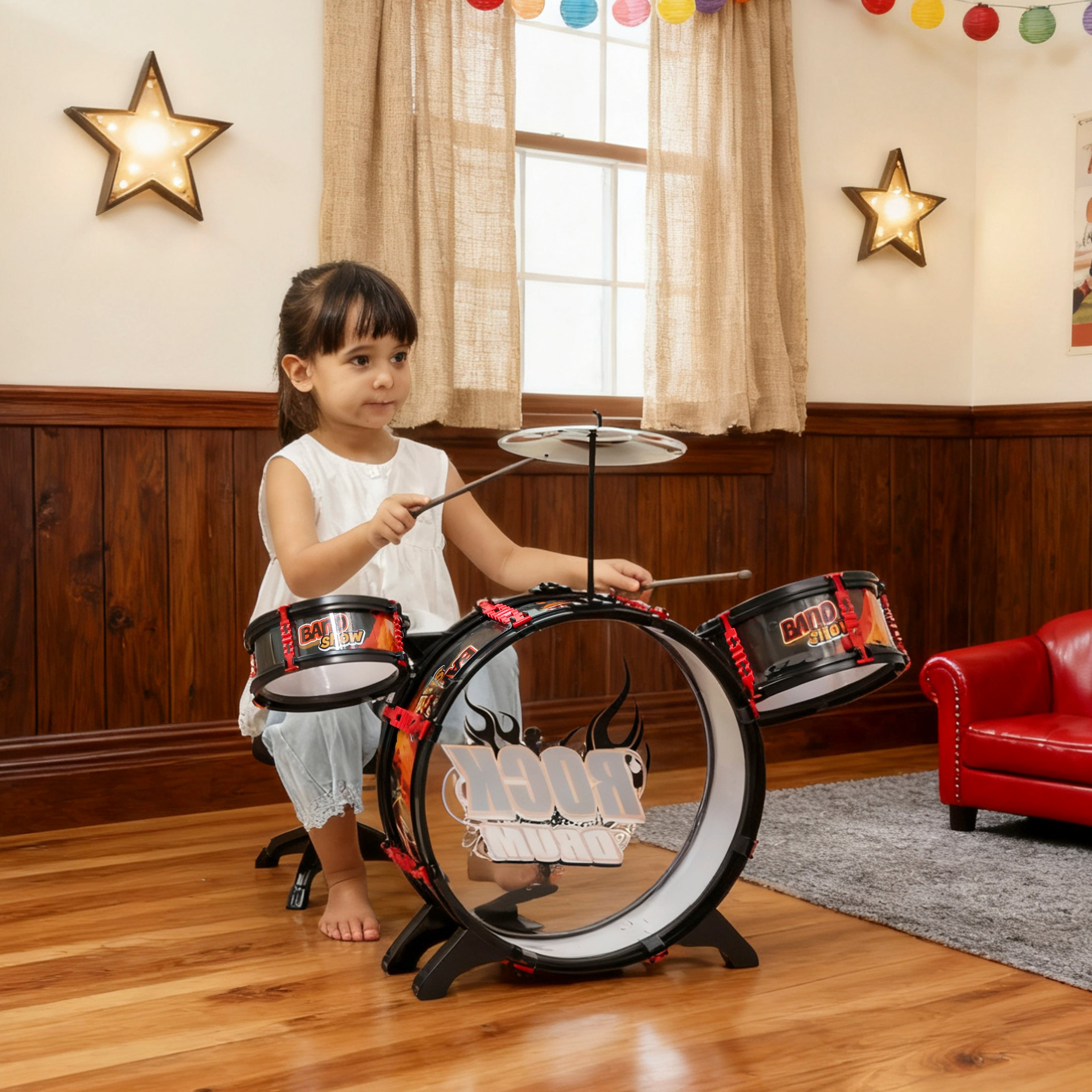 Kids Toy Drum Set with Stool, Musical Toy for Children Ages 3-6, Black