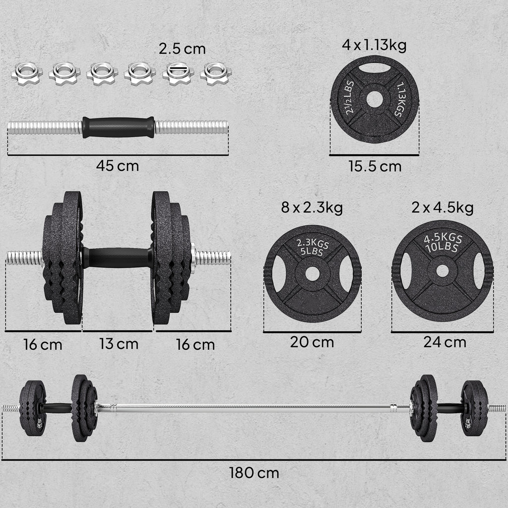 2-in-1 42 kg Gym Weights with 14 Discs, Barbell and Dumbbells, Steel, 180x24x24 cm, Black
