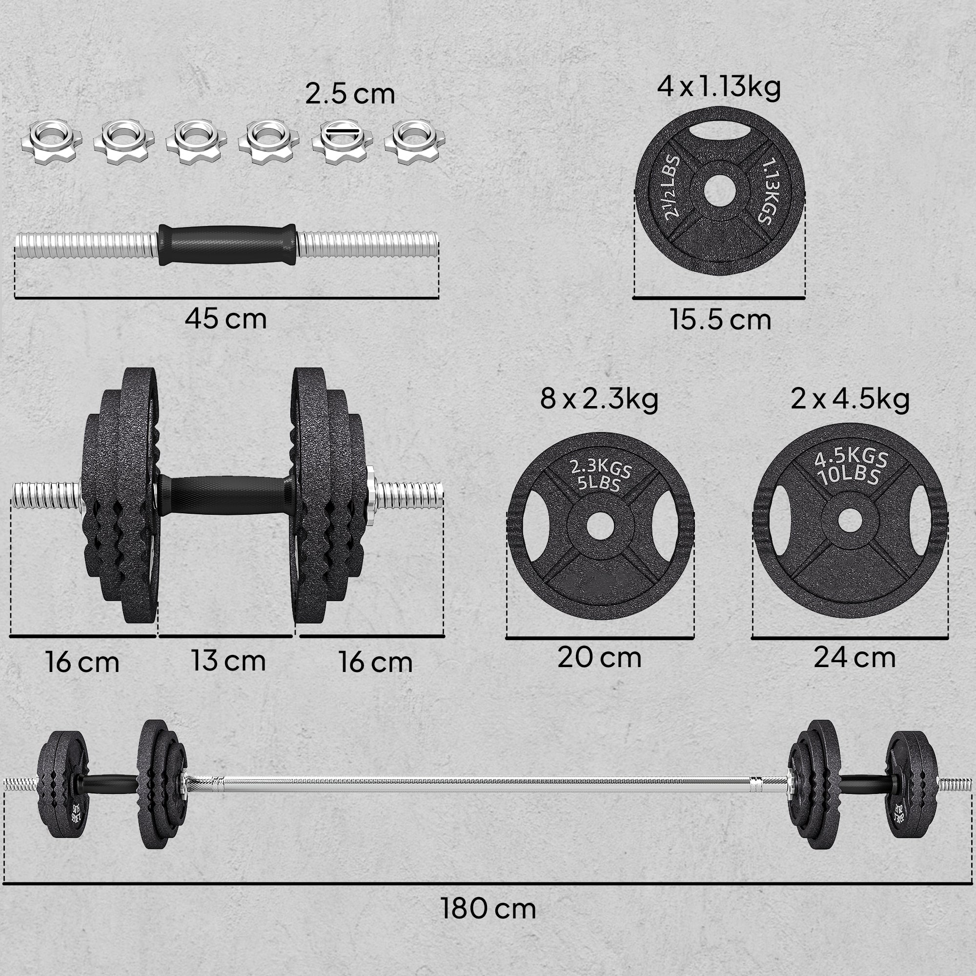 2-in-1 42 kg Gym Weights with 14 Discs, Barbell and Dumbbells, Steel, 180x24x24 cm, Black