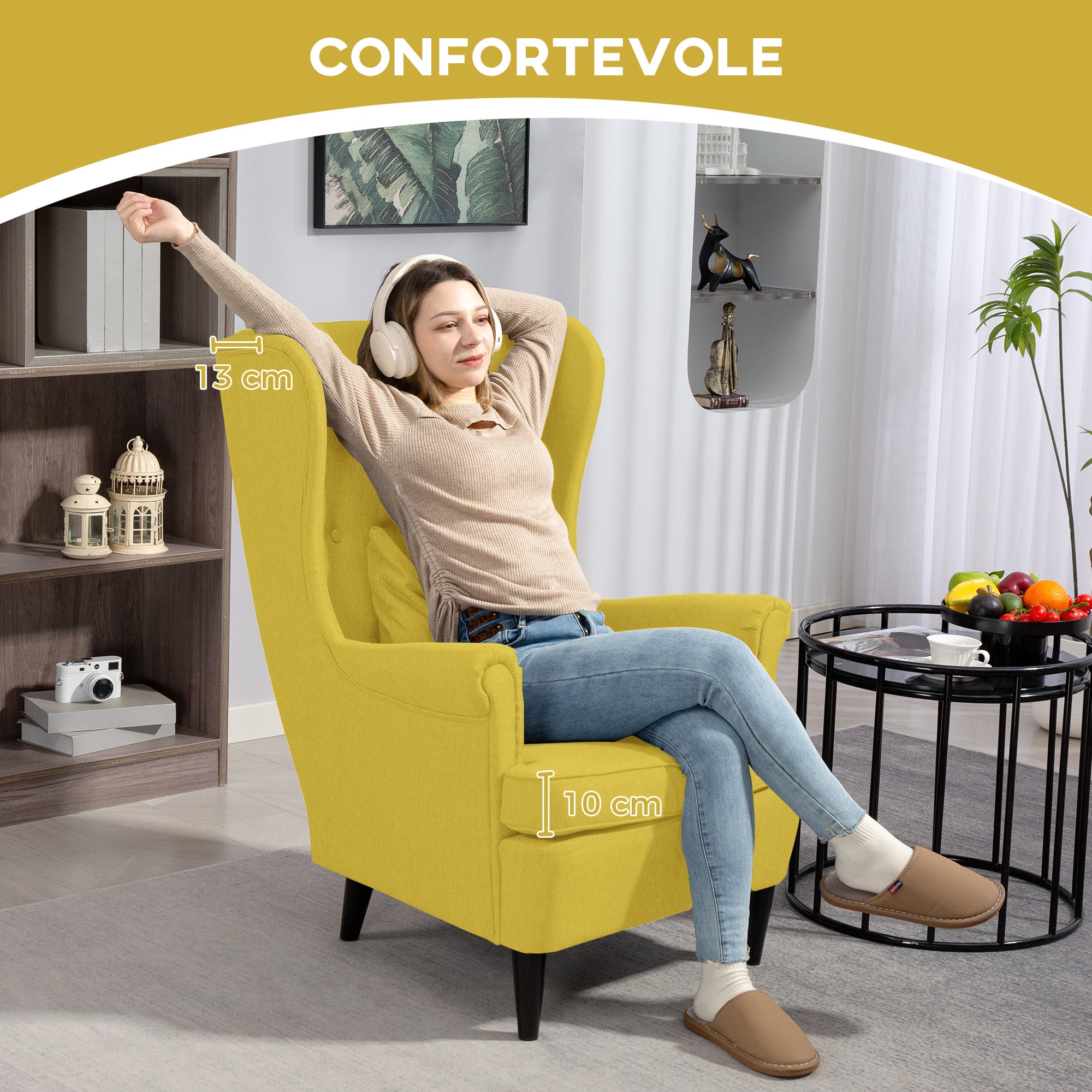 Contemporary Style Armchair with Footstool, in Linen Effect Fabric and Rubber Wood, 75x83x104 cm, Yellow