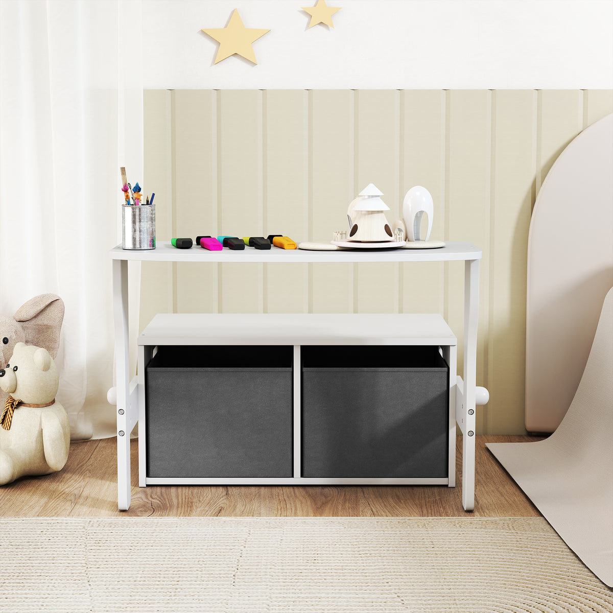 AIYAPLAY 3 in 1 Toy Bench for Children Ages 3-6, Convertible to Table and Chair with 2 Storage Bins, White