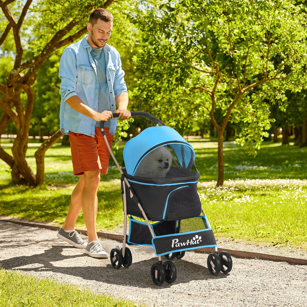 Convertible Dog Stroller with 2 Leashes and Cushion, in Steel and Polyester, 82x49.5x98 cm, Light Blue and Black