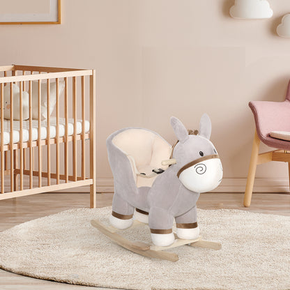 HOMCOM Rocking Horse for Children 18-36 Months, Donkey-Shaped Rocking Horse with Realistic Sounds in Poplar Wood and Plush, Gray