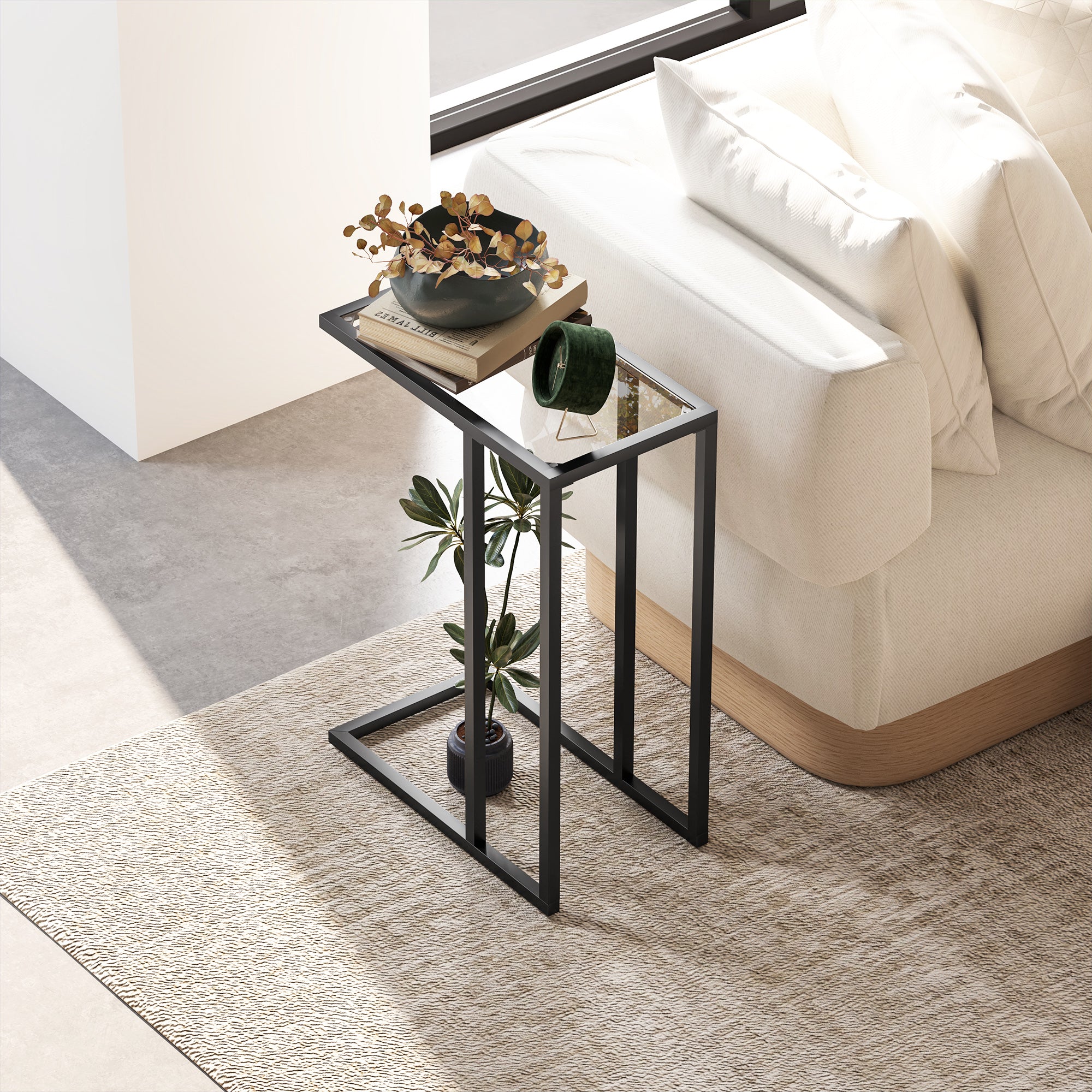 C-Shaped Glass and Steel Coffee Table, 46x25x63.5 cm, Black
