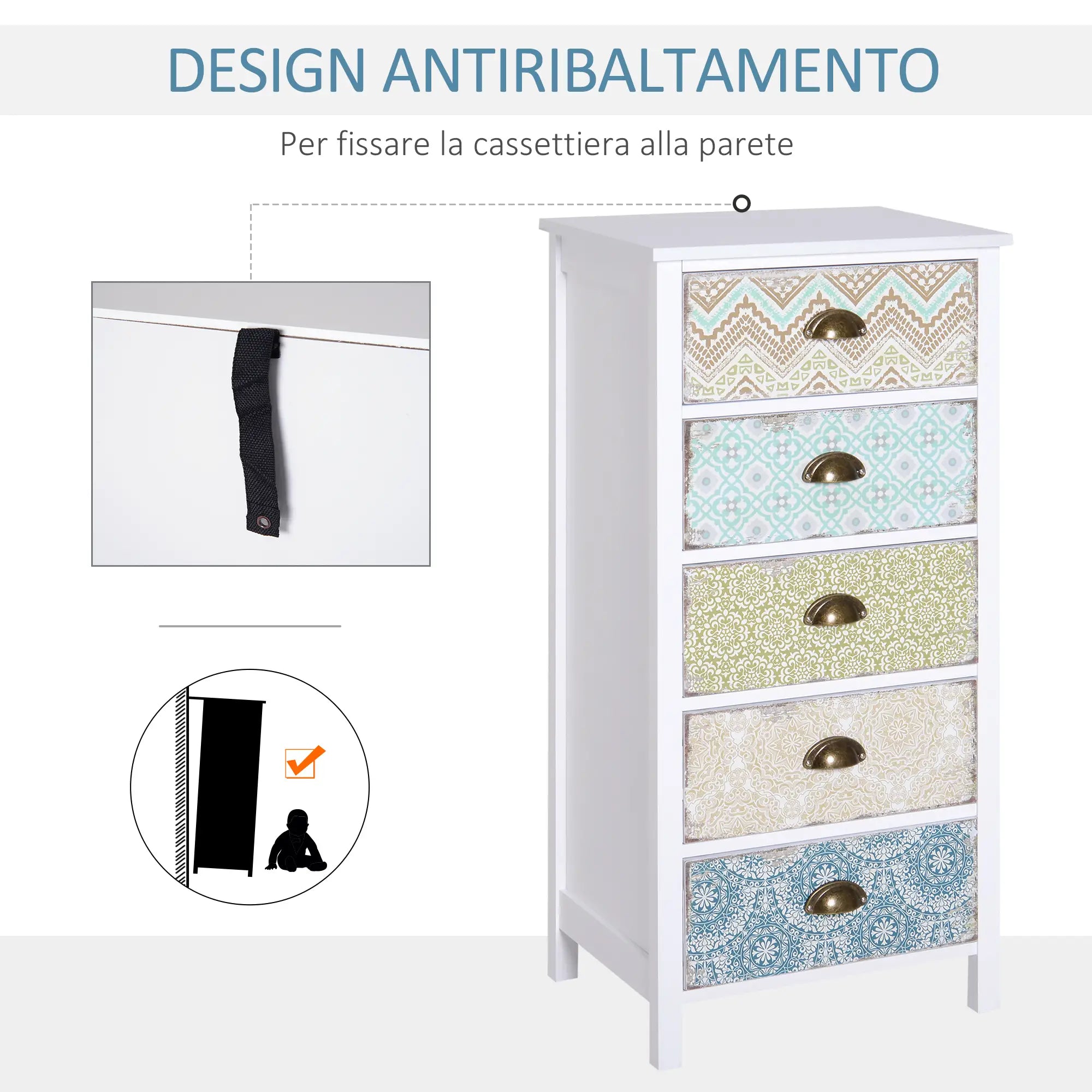 Vintage Chest of Drawers Cabinet with 5 Drawers Shabby Style Bathroom, Entrance, Bedroom 46 × 34 × 97.5cm White