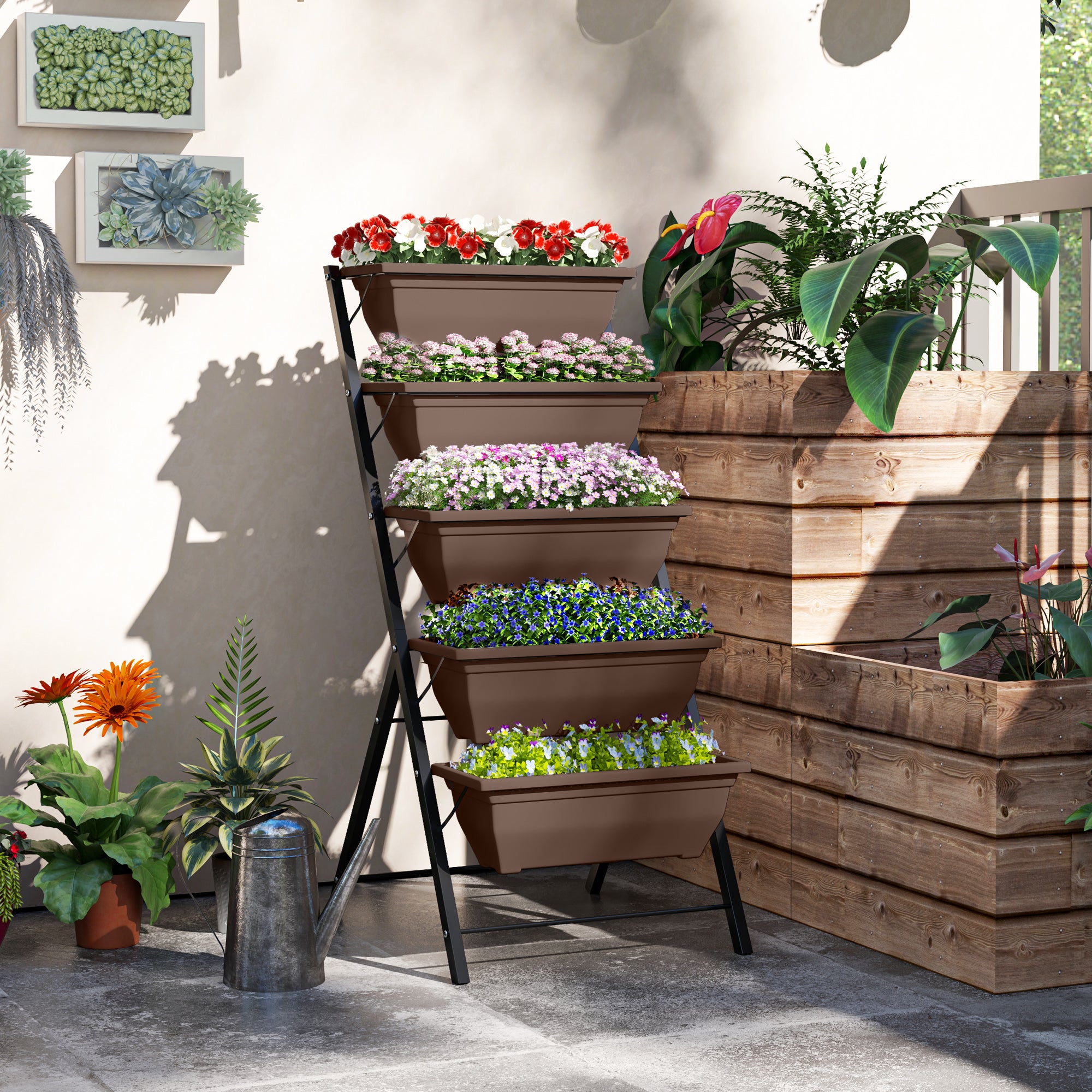 Outsunny 5-Tier Vertical Plant Stand with 5 Pots with Drainage Holes, Steel and PE, 55x63x120 cm, Brown