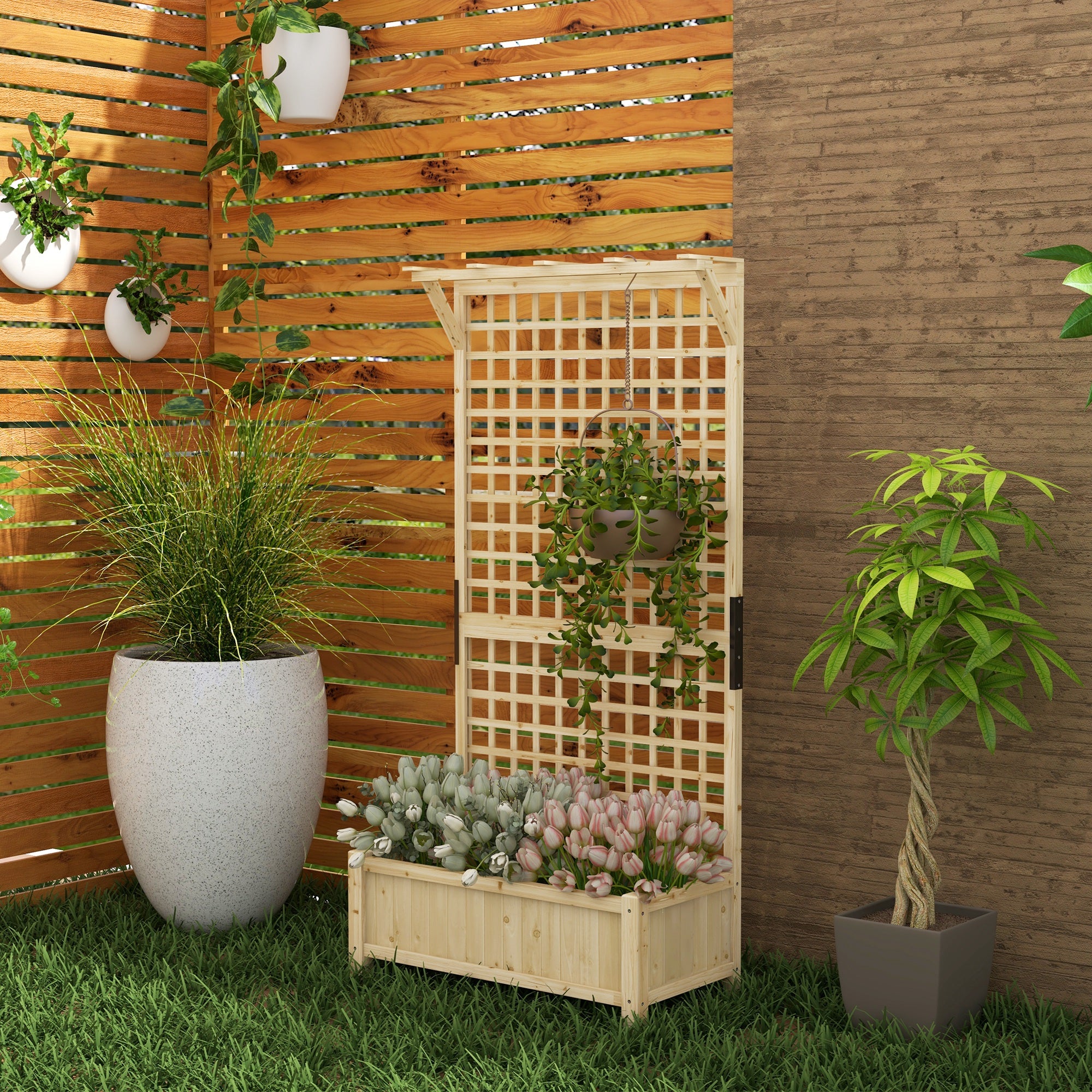 Outsunny Garden Planter with Trellis for Climbing Plants, 90x45x183 cm, Natural Wood