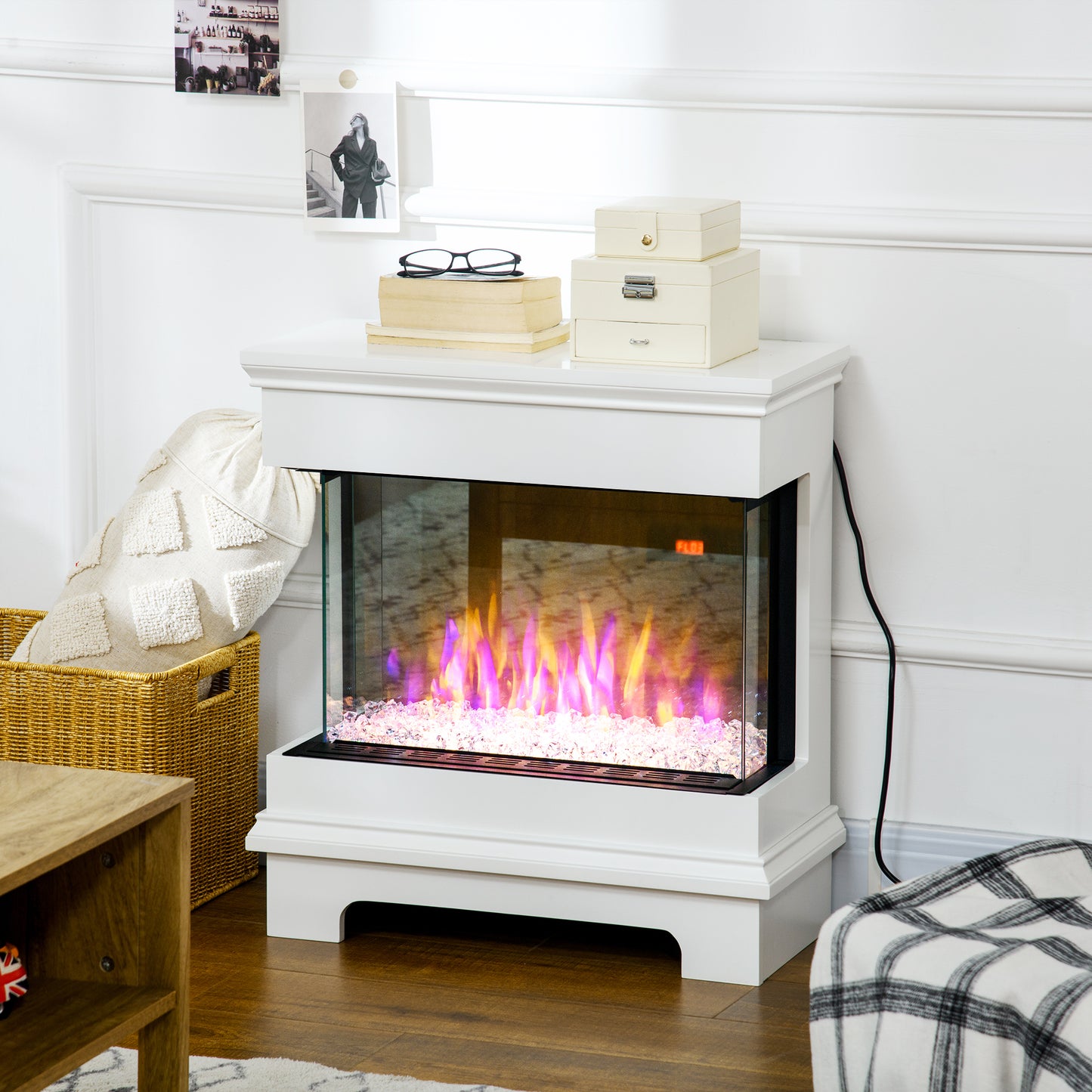 HOMCOM 10-Color Electric Fireplace with Automatic Shut-Off and 12h Timer, 61x28x66.5 cm, White - Borgè