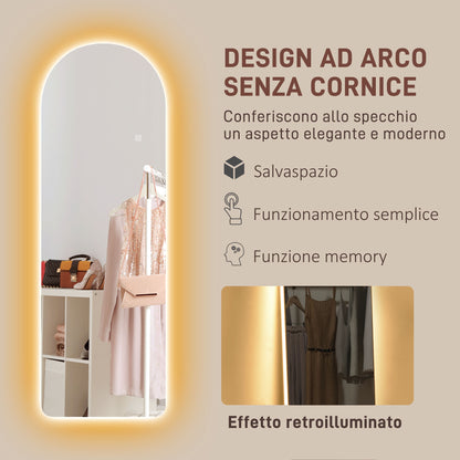 Arc Wall Mirror with Adjustable LED Lighting and Touch Control, Tempered Glass, 40x3x120 cm