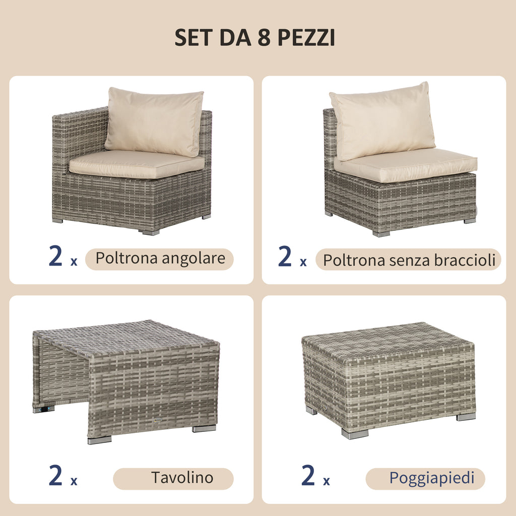 8-Piece PE Rattan Garden Lounge Set with Armchairs, Coffee Tables and Stools, Beige