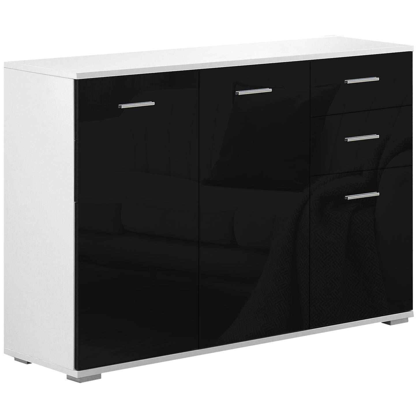 Chest of Drawers, Living Room and Bedroom Cabinet with 3 Doors and 2 Drawers, Glossy Black, Scratch-Resistant (106 x 35 x 76 cm)