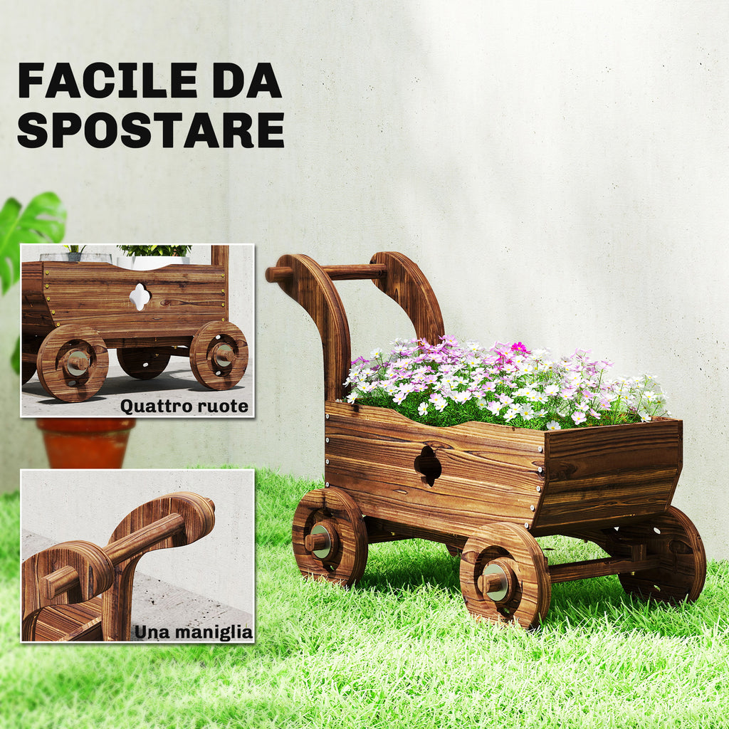 Outsunny Wooden Cart Planter with 4 Wheels, Handle and Drainage Holes, 68x38x52 cm, Wood