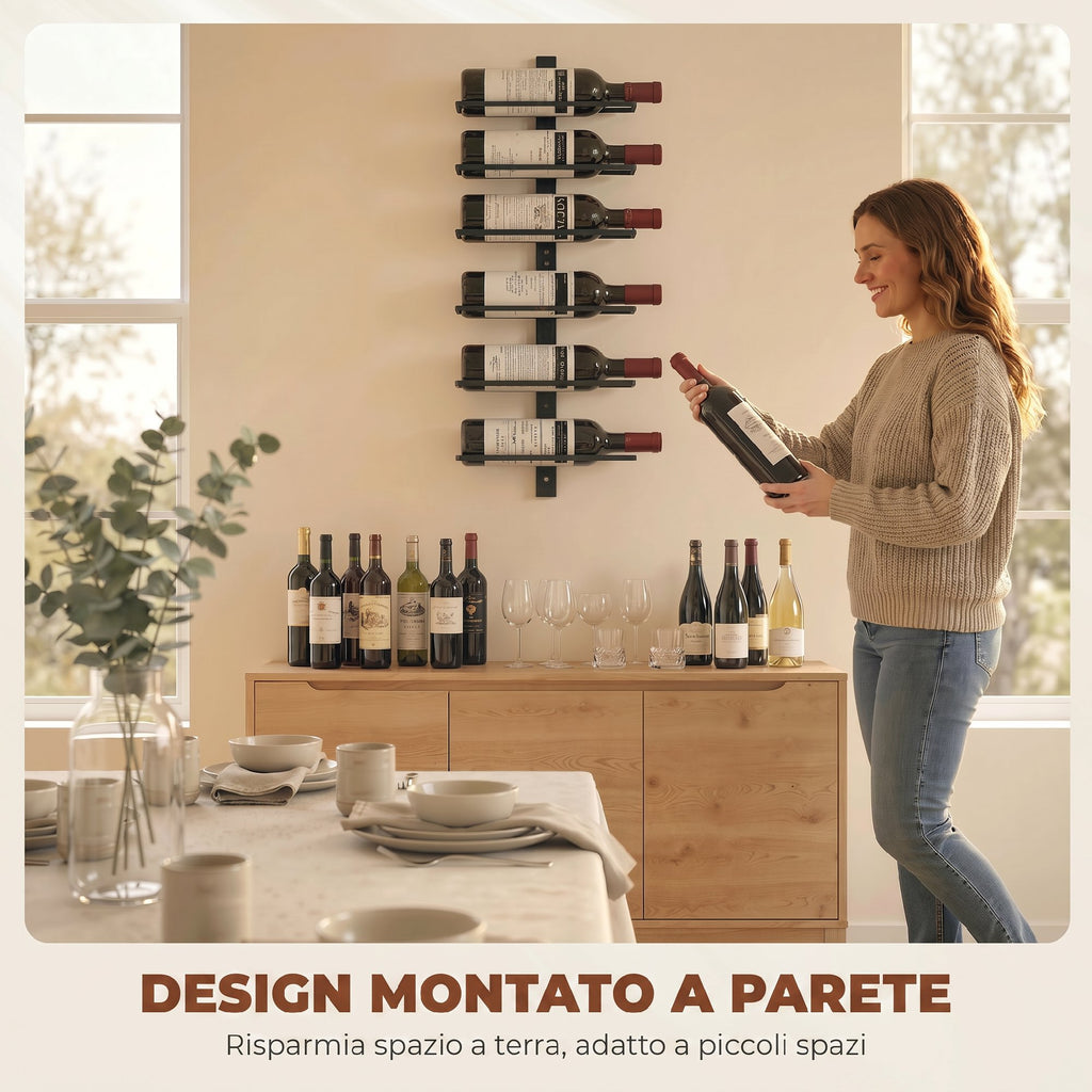 HOMCOM Wall-Mounted Steel Wine Rack for 6 Bottles, Kitchen and Living Room, 27x10x71 cm, Black