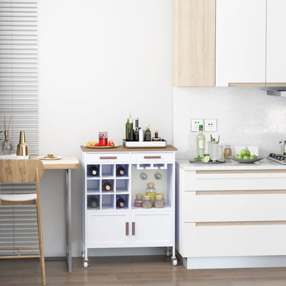 Kitchen Cabinet with Wheels, Bamboo Bottle Rack and Glass Holder, 76 x 40 x 88cm