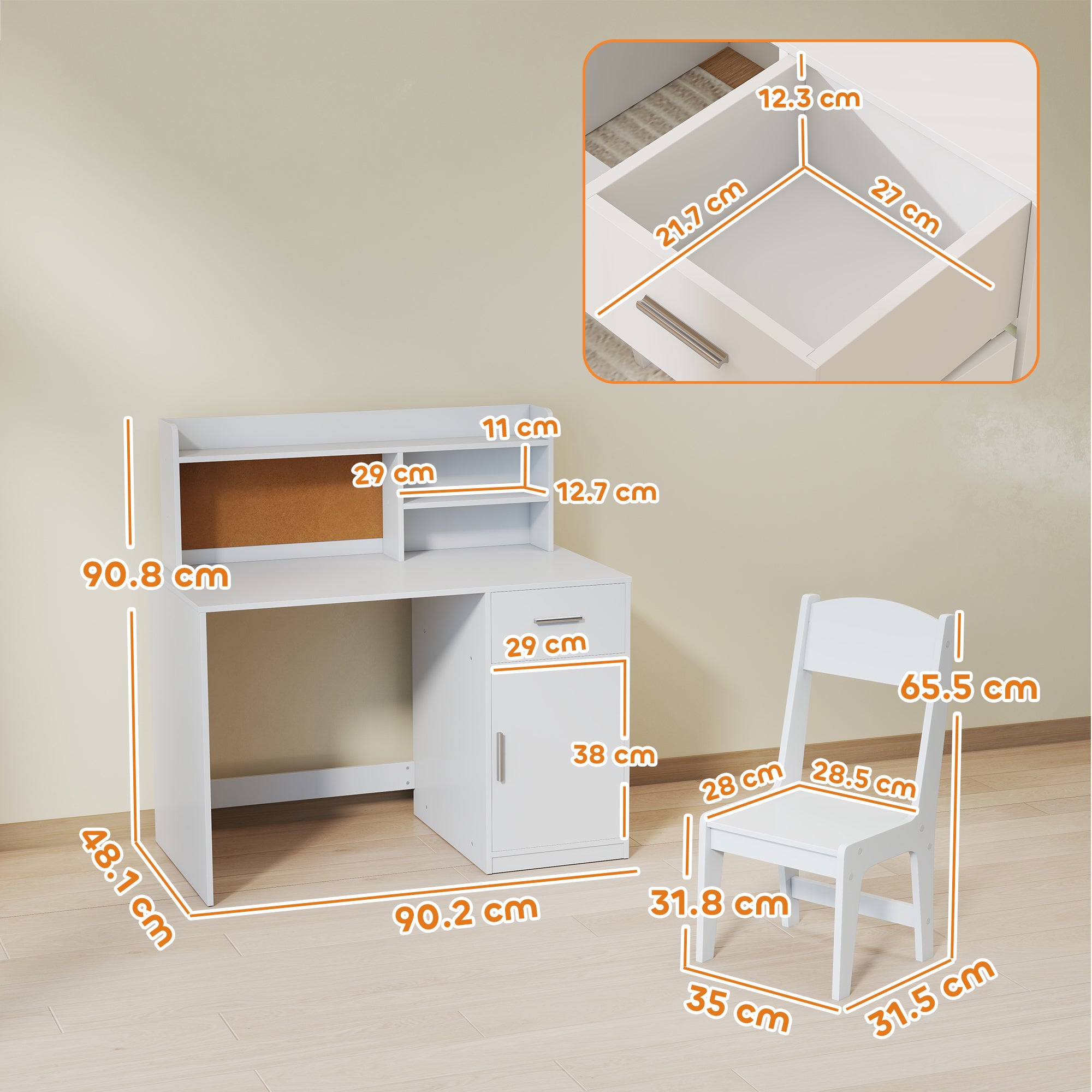 Children's Desk with Shelves, Cabinet, Drawer and Matching Children's Chair in White MDF