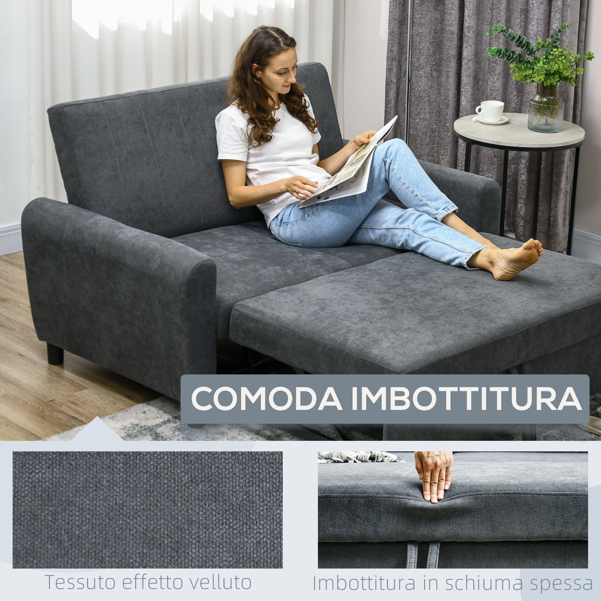 Sofa Bed with 3-Level Adjustable Backrest, in Velvet Effect Fabric, 148x87x88 cm, Grey