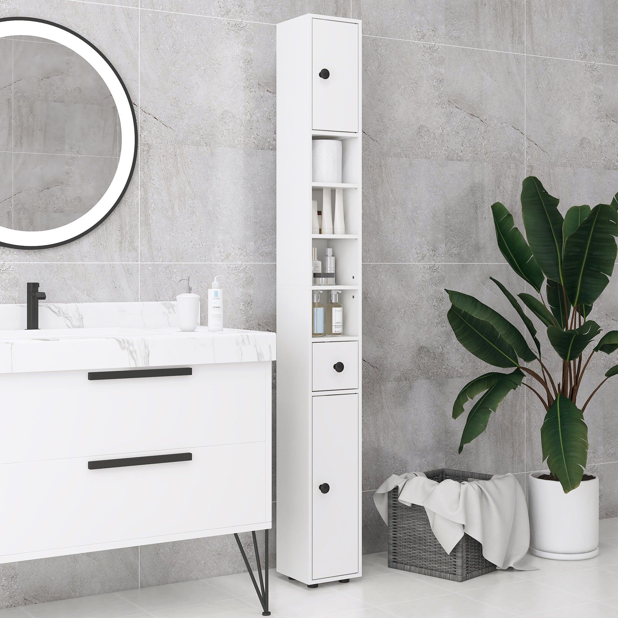 kleankin Bathroom Cabinet with Drawer, 2 Cabinets and 4 Open Shelves, Wooden, 20x20x180 cm, White